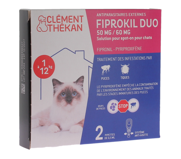 Fiprokil Duo Antiparasitär für Katzen 1 bis 12 kg 50/60 mg Clément Thékan - Packung mit 2 Pipetten zu 0,5 ml - image 1