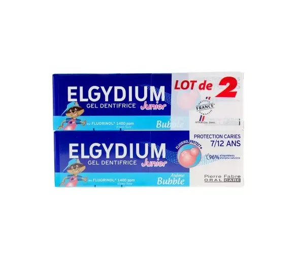 Fluorinol-Zahnpasta 7-12 Jahre Geschmack Bubble Junior Elgydium - Packung mit 2x50ml