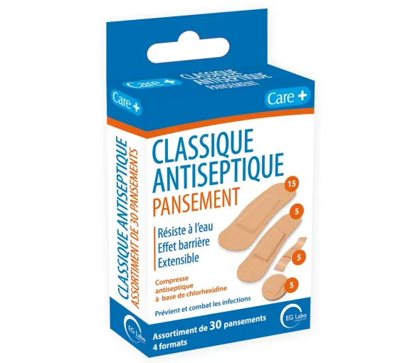 Klassische antiseptische Pflaster 4 Formate Care+ EG Labo - Schachtel mit 30 Pflastern