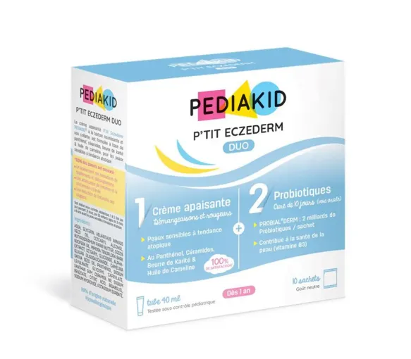P'tit Eczederm Duo Beruhigungscreme und Probiotika Pediakid - Schachtel mit einer Tube von 40 ml und 10 Beuteln