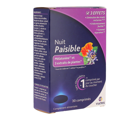 Ruhige Nacht Melatonin und 3 Pflanzenextrakte Viatris - Packung mit 30 Tabletten - image 1