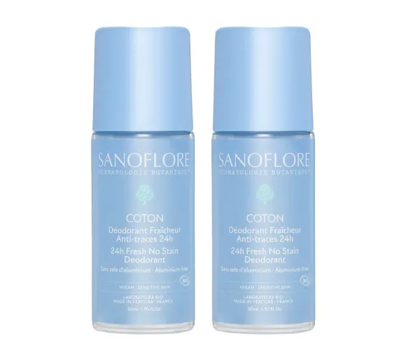 Deodorant Frische Baumwolle Anti-Spuren 24h Bio Sanoflore - Sonderangebot 2 Roll-ons à 50 ml