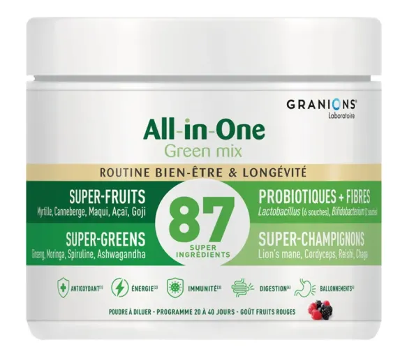 All-in-One Green Mix Wohlbefinden und Langlebigkeit rote Früchte Granions - 146g Dose