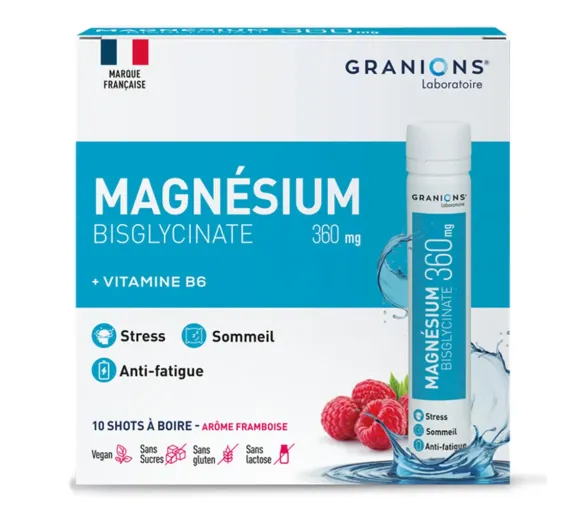 Magnesium Bisglycinat 360mg Himbeergeschmack Granions - Packung mit 10 Shots