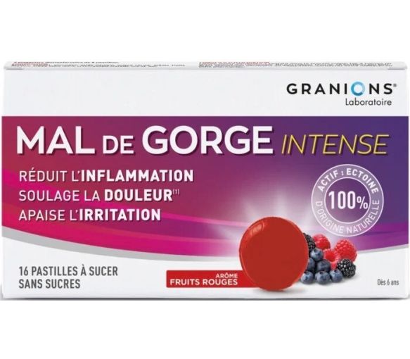 Intensive Halsschmerzen Lutschtabletten mit rotem Fruchtgeschmack Granions - Packung mit 16 Lutschtabletten - image 1