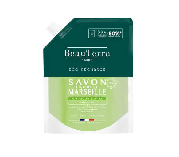 Flüssige Marseille-Seife mit Minze-Zitronen-Duft Beauterra - Eco-Nachfüllung von 900 ml