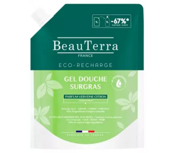 Duschgel mit überfettender Formel, Duft von Zitronenverbene, Beauterra - Nachfüllpackung 1L