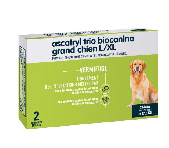 Ascatryl Trio Wurmkur "Großer Hund" (+ 17,5 kg) Biocanina - Packung mit 2 Tabletten - image 1