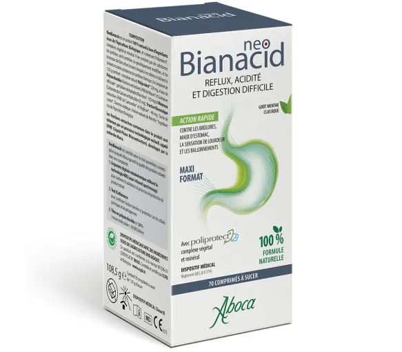 NeoBianacid Säure und Reflux Zitronengeschmack Aboca - Packung mit 70 Lutschtabletten