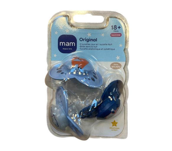 Anatomische Schnuller Original Tag/Nacht 18 Monate+ blau Mam - Set mit 3 Schnullern