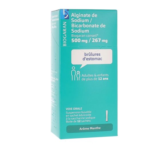 Natriumalginate/Natriumbicarbonat Biogaran 500 mg/267 mg - Packung mit 12 zuckerfreien Minzbeuteln