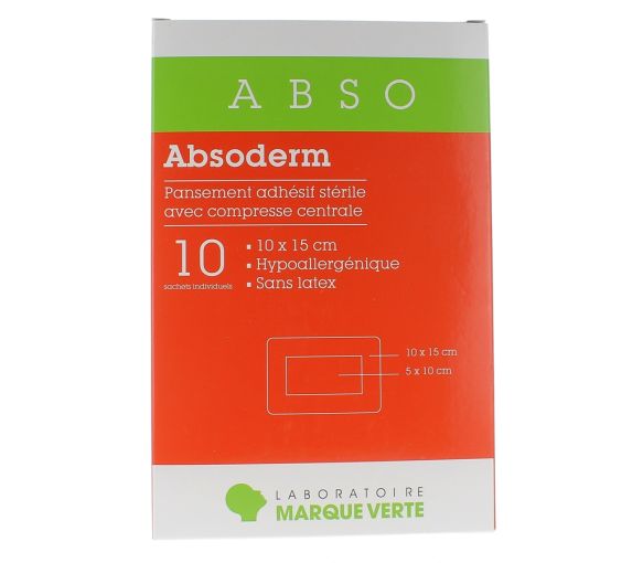 Absoderm Sterile Wundverbände mit zentralem Kompress 10x15cm Grüne Marke - Packung mit 10 Einzelbeuteln