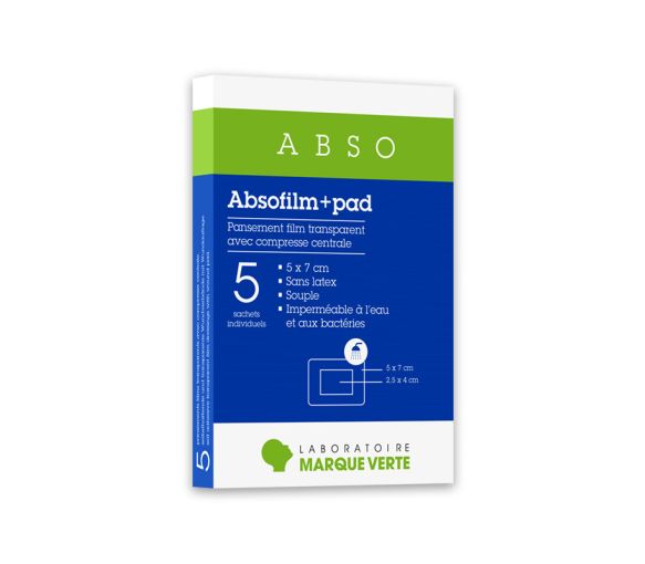 Absofilm+Pad Sterile Klebefilmverbände Grüne Marke - Packung mit 5 Verbänden von 5x7cm - image 1
