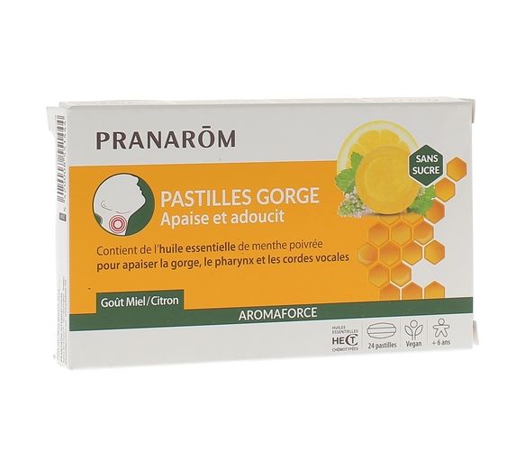 Aromaforce Halspastillen Geschmack Honig-Zitrone Pranarom - Schachtel mit 24 Pastillen