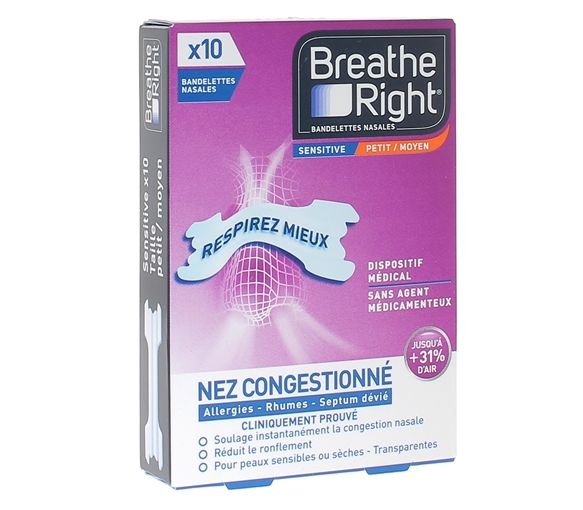 Breathe Right sensitive Nasenstreifen - Packung mit 10 transparenten Streifen