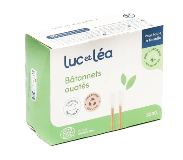Baumwollstäbchen mit Papierstiel Luc und Léa - Box mit 200 Stäbchen