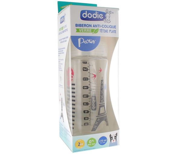Anti-Kolik Glasflasche Paris Durchfluss 2 - 0-6 Monate Dodie - Flasche mit 270 ml