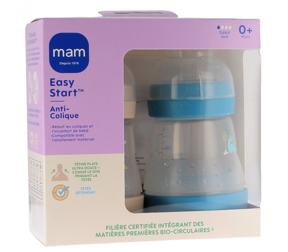Easy Start Anti-Kolik Flasche 0 Monate und + Langsamer Fluss Ozeanblau und Sand Mam - Set mit 2 Flaschen à 160 ml - image 1