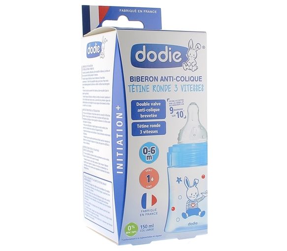 Initiation+ Flasche mit runder Sauger 3 Geschwindigkeiten Boot 0-6 Monate Dodie - 150ml Flasche