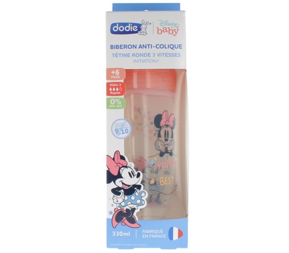 Anti-Kolik-Flasche Disney Baby Minnie mit runder Sauger, 3 Geschwindigkeiten, ab 6 Monaten, Dodie - 330 ml Flasche