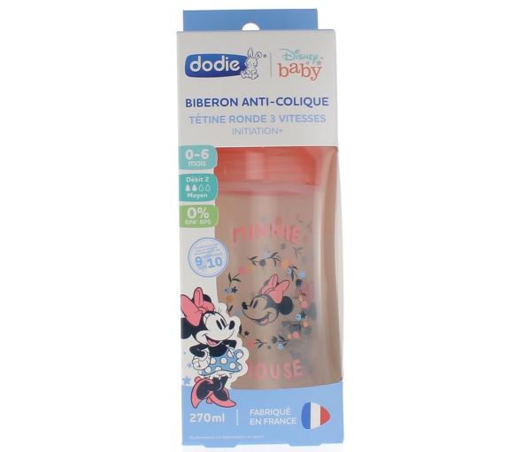 Anti-Kolik-Flasche Disney Baby Minnie mit runder Sauger, 3 Geschwindigkeiten, 0-6 Monate Dodie - Flasche mit 270 ml