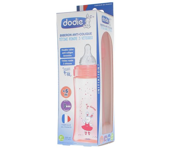 Anti-Kolik-Flasche mit runder Sauger 3 Geschwindigkeiten rosa +6 Monate Dodie - 1 Flasche mit 330 ml