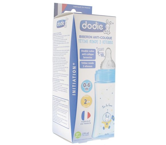 Blaues Anti-Kolik-Fläschchen mit rundem Sauger 3 Geschwindigkeiten 0-6 Monate Dodie - 1 Fläschchen von 270 ml