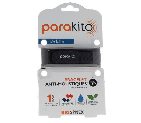 Wiederaufladbares schwarzes Mückenabwehrarmband Parakito - 1 Armband + 2 Nachfüllungen