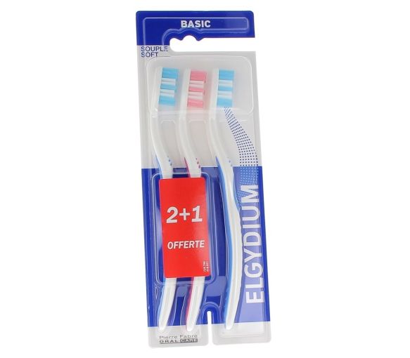 Weiche Zahnbürsten Basic Elgydium Pierre Fabre - Set mit 3 Zahnbürsten, 2+1 gratis
