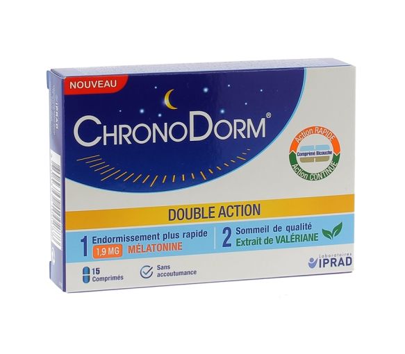 Chronodorm Doppelwirkung Melatonin 1,9 mg und Pflanzen - Packung mit 15 Tabletten