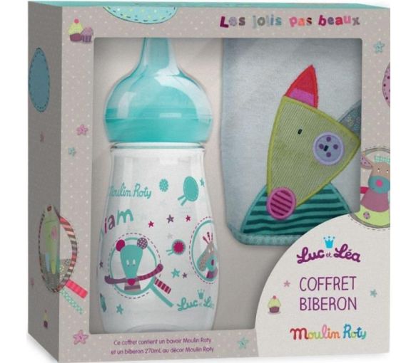 Moulin Rotin Luc und Léa Flaschen-Set - 1 Flasche mit 270 ml + 1 Lätzchen