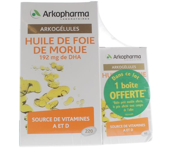 Arkogélules Lebertran Arkopharma - Packung mit 220 Kapseln + 60 Kapseln gratis