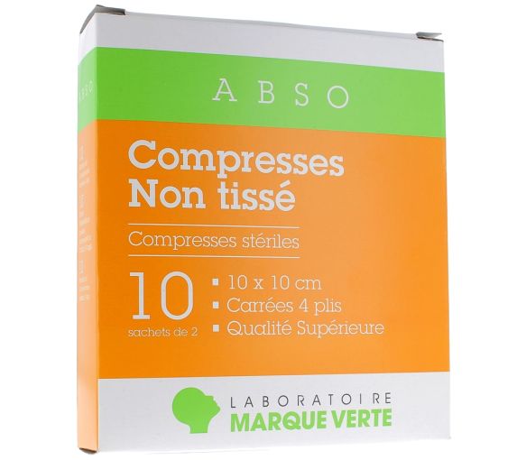 Sterile Vlieskompressen Grüne Marke - Box mit 10 Beuteln zu je 2 Kompressen von 10x10cm