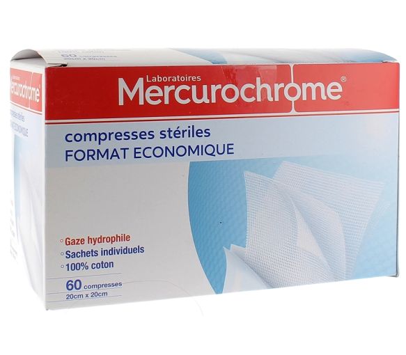 Sterile Baumwollkompressen im wirtschaftlichen Format Mercurochrome - Packung mit 60 Kompressen