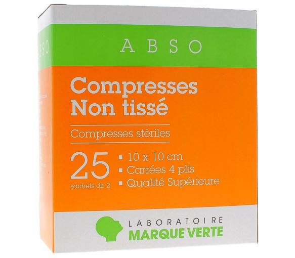 Sterile Vlieskompressen Grüne Marke - Schachtel mit 25 Beuteln zu je 2 Kompressen von 10x10cm