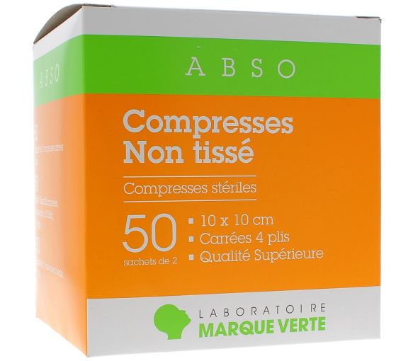 Sterile Vlieskompressen Grüne Marke - Schachtel mit 50 Beuteln zu 2 Kompressen von 10x10cm