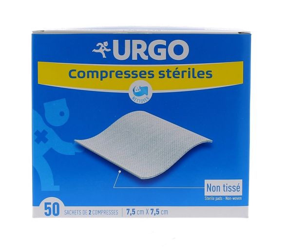 Sterile Vlieskompressen Urgo - Schachtel mit 50 Beuteln zu je 2 Kompressen 7,5x7,5 cm