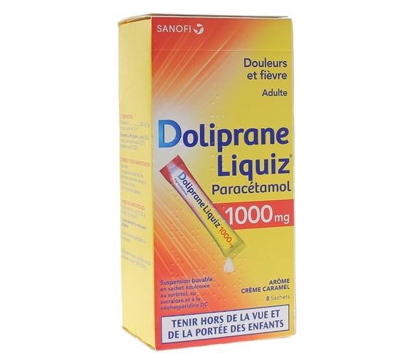 Doliprane Liquiz 1000mg zuckerfreie Trinklösung mit Karamellgeschmack - Packung mit 8 Beuteln - image 1