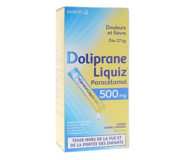 Doliprane Liquiz 500mg sans sucre suspension buvable arôme crème caramel - boîte de 12 sachets