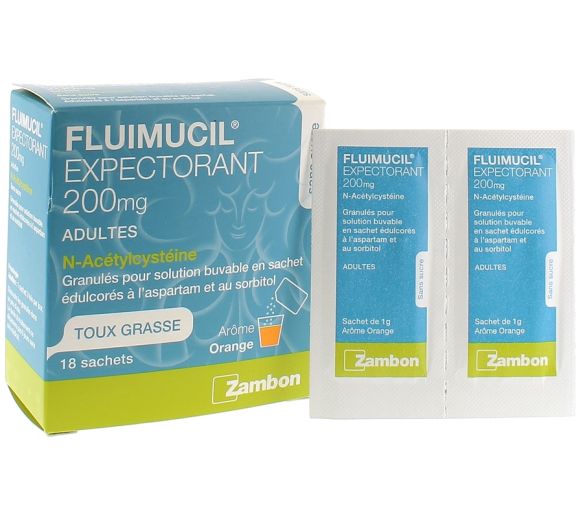 Fluimucil Expektorans 200 mg Husten mit Schleim Zambon - 18 Beutel mit Orangenaroma