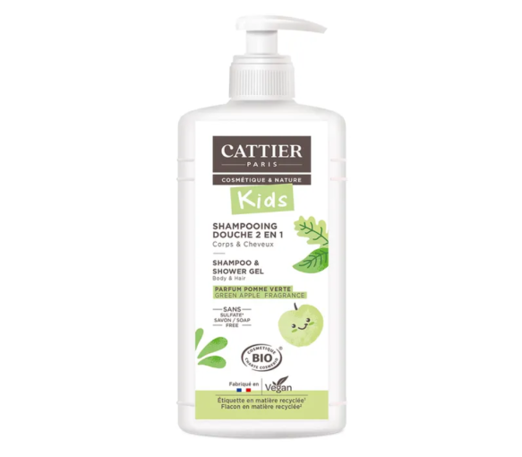 Kids Shampoo und Duschgel 2in1 mit grünem Apfelduft Cattier - Pumpflasche mit 500ml