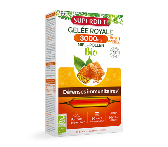 Gelée Royale 3000mg Honig Pollen Bio Super Diet - Packung mit 20 Ampullen
