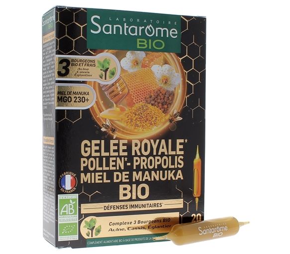 Gelee Royale Pollen Propolis Manuka Honig Bio Santarome - Box mit 20 Ampullen