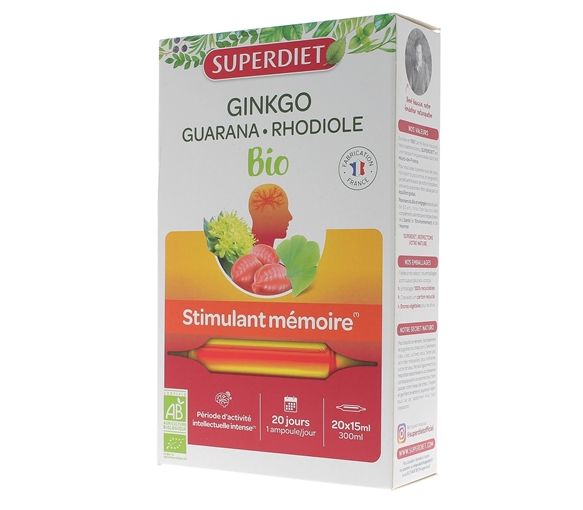 Ginkgo Guarana Rhodiola Bio Gedächtnisförderer Super Diet - Packung mit 20 Ampullen