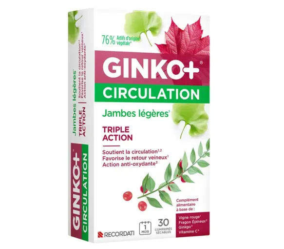 Ginko+ Durchblutung leichte Beine Bouchara-Recordati - Packung mit 30 Tabletten