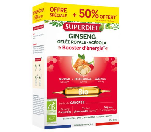 Ginseng, Gelee Royale und Acerola Bio Super Diet - Schachtel mit 20 Ampullen + 10 Ampullen geschenkt - image 1