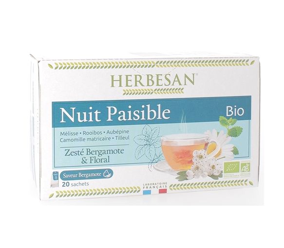 Bio-Kräutertee für eine ruhige Nacht mit Bergamotte-Geschmack von Herbesan - 20 Beutel pro Packung