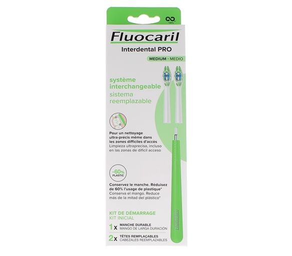 Interdental Pro System austauschbares Medium Starterset Fluocaril - Box mit 1 langlebigem Griff + 2 austauschbaren Köpfen
