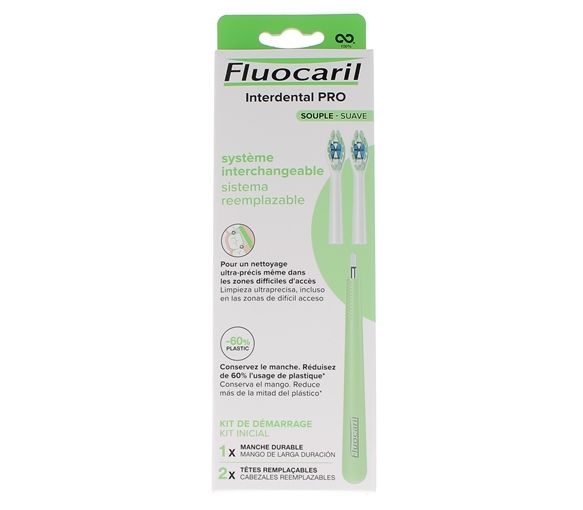 Interdental Pro Wechselsystem weiches Starter-Kit Fluocaril - Box mit 1 langlebigem Griff + 2 austauschbaren Köpfen