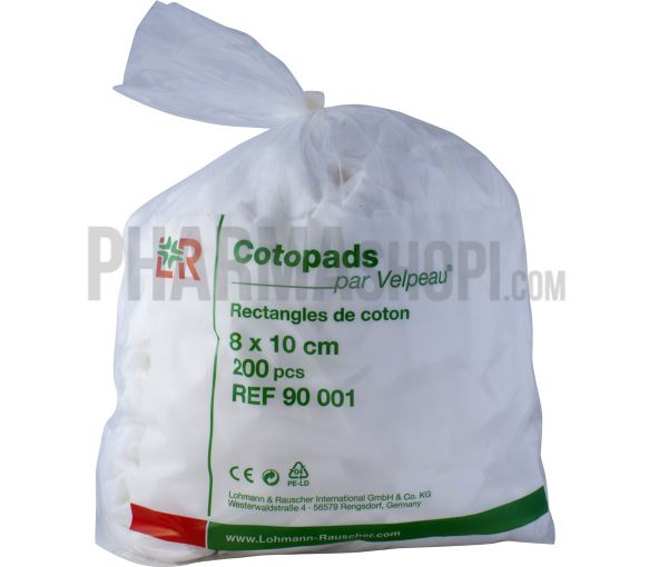 Rechteck aus Cotopads-Baumwolle 8x10 cm Velpeau - Beutel mit 200 Wattepads